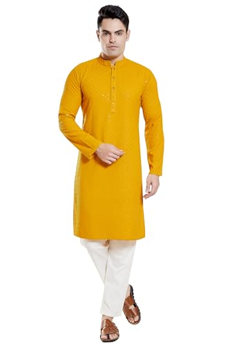 Divisive MenS Sequince Embroidered Cotton Blend Only Slim Fit Kurta (Dkrt135_Xxxl_Yellow)