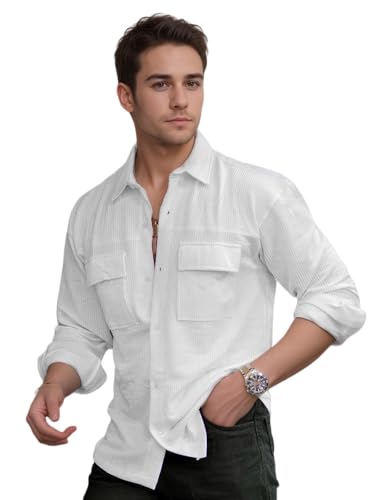 Indoprimo MenS Regular Fit Fancy Double Pocket Casual Shirt For Men Full Sleeves - Cargo (In, Alpha, Xl, Regular, White)