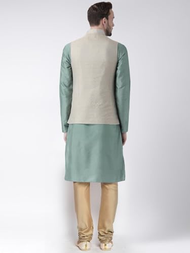 Kisah Men Green Kurta With Churidar Jacket, Full Sleaves, Knee Length, Straight, Regular Fit, Mandarin Collar Ethnic Wear