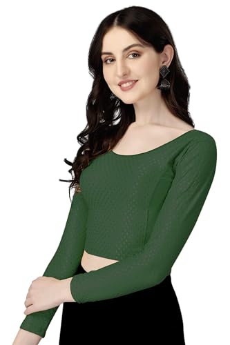 Shiv Textiles Round Neck Dobby Cotton Lycra Stretchable Elbow Sleeve Readymade Saree Blouse For Women Stylish (Greenfree Size Fu