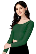 Shiv Textiles Round Neck Dobby Cotton Lycra Stretchable Elbow Sleeve Readymade Saree Blouse For Women Stylish (Greenfree Size Fu