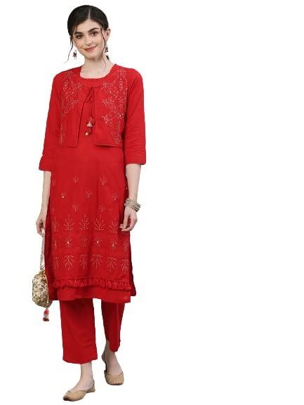 Ishin Women'S Cotton Red Zari Embellished Straight Kurta Trouser With Jacket