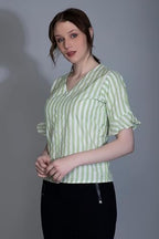 Leriya Fashion WomenS Western Striped V-Neck Tops | Ruffle Sleeves | Comfortable Cotton Printed Button Down Tops For Casual | O