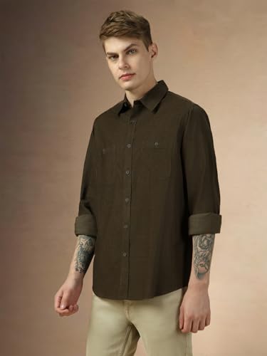 Dennis Lingo Men Olive Solid Relaxed Fit Full Sleeve Spread Collar Shirts