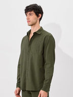 The Souled Store Solids: Olive Green Men And Boys Collared Neck Long Sleeve Button Front Regular Fit Cotton Linen Shirts Solid S