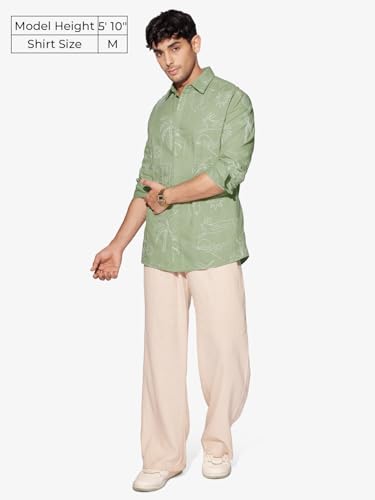 The Souled Store Summer Vibe Men And Boys Long Sleeves Collared Neck Button Front Green Embroidered Regular Fit Cotton Linen Shirts
