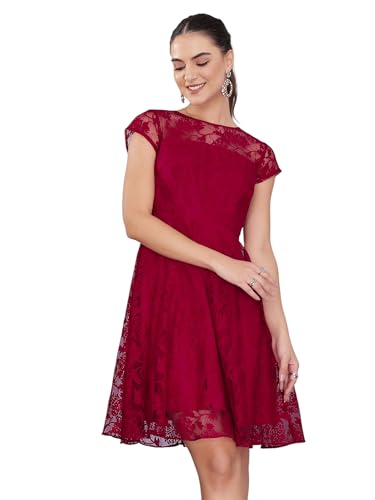 Miss Chase WomenS Round Neck Cap Sleeves Low Back Dress (Mcaw15D05-43-23-04, Dark Pink, M)
