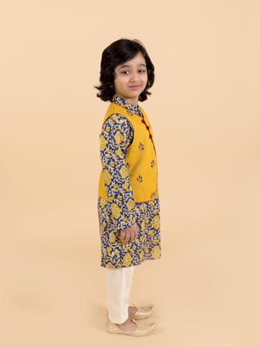 Pspeaches Boys Navy Blue Floral Printed Pure Cotton Kurta With Trousers With Dupatta