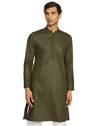 Manyavar Mens Casual Cotton Kurta, Full Sleeves With Mandarian Collar, Art Silk, Knee Length Kurtas For Ethnic Wear (Green, S)