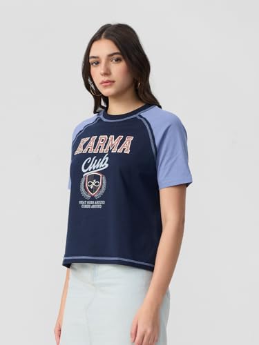 The Souled Store Karma Club Women and Girls Short Sleeves Round Neck Blue Graphic Printed Cotton Relaxed Fit T-Shirts