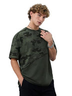 The Souled Store Panel Detail: Forest Camo Men and Boys Short Sleeves Round Neck Green Printed Cotton Oversized T-Shirts