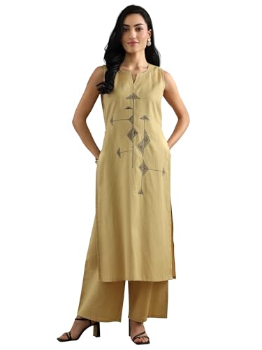 Libas Womens Embroidered Cotton Straight Kurta With Palazzos