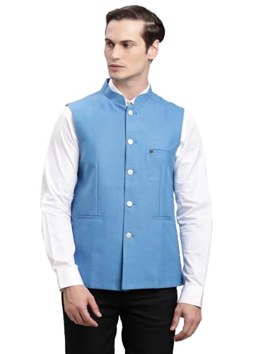 Turtle Men Blue Polycotton Solid Formal Nehru Jacket