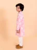 Pspeaches Boys Pink Floral Printed Panelled Pure Cotton Kurta With Pyjamas