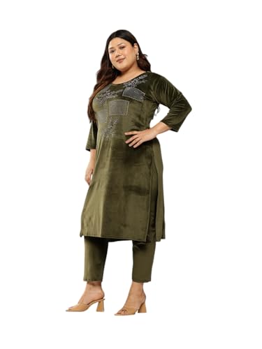 Aarika Womens Ethnic Wear Mehendi Colour Embellished Beads Velvet Kurti & Pant Set-(Xl-2Xl)-(Oct_Kp-W-Ad-1003-Mehendi-Xl)