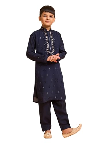 Manyavar Boys Viscose Blend Neck Embroidered & Sequined Kurta Pyjama Set (Dark Blue,12-14Y)