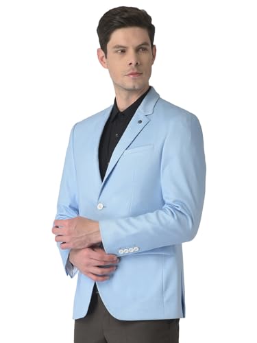Turtle Men Knitted Terry Rayon Notch Lapel Collar Light Blue Single Breasted Casual Blazer