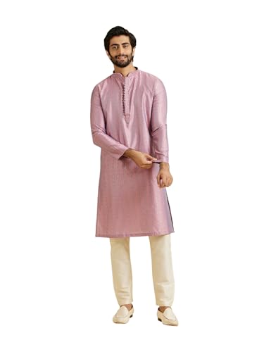 Manyavar MenS Art Silk Textured Neckline Embroidered Kurta Pyjama Set(Pink,L)