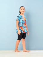 Aarika Girls Sports Wear Firozi-Black Colour Floral Print Nylon Swim Suit