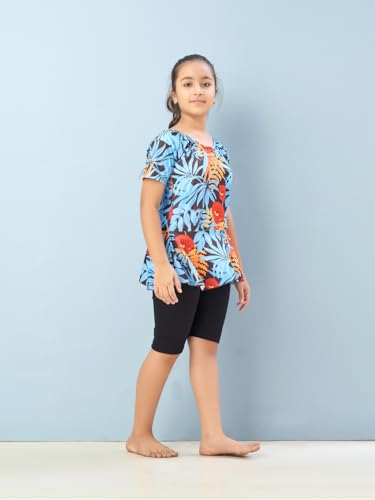 Aarika Girls Sports Wear Firozi-Black Colour Floral Print Nylon Swim Suit