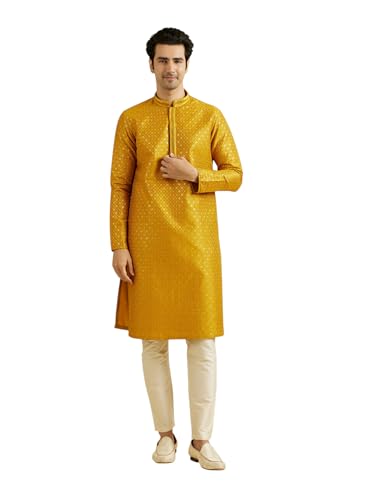Manyavar MenS Art Silk Thread Work | Sequined Kurta Set (Mustard,S)