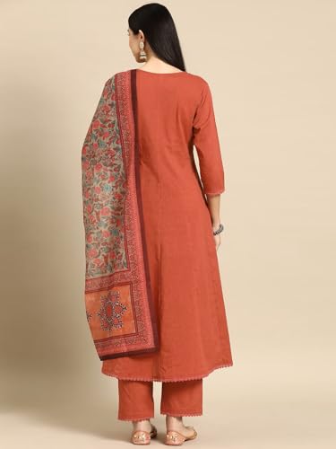 ANNI DESIGNER Womens Cotton Blend Anarkali Solid Kurta with Pant & Dupatta (UTSAV PEACH_S_Peach_Small)