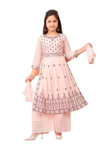 Aarika Girls Ethnic Wear Peach Colour Sequin Thread Embroidery Georgette Kurta Sharara Set (5-11 Years)