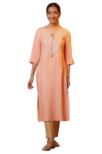 Aurelia WomenS Solid Mirror Work Straight Kurta | Round Neck Kurta For Women | Solid Kurta For Women | Beautiful Regular Fit Kur
