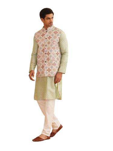 Sojanya (Since 1958 MenS Silk Blend Self Design Pista Green Kurta With Pyjama & Cream Nehru Jacket