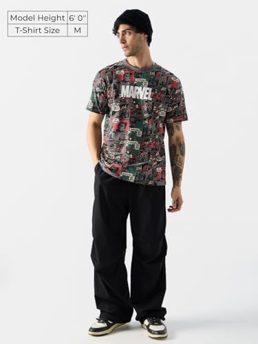 The Souled Store Official Marvel: Comic Nerd Men And Boys Short Sleeves Round Neck Grey All Over Printed Cotton T-Shirts