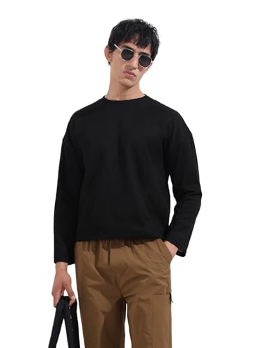 The Indian Garage Co Mens Boxy Textured Full Sleeves Crew Neck T-Shirt
