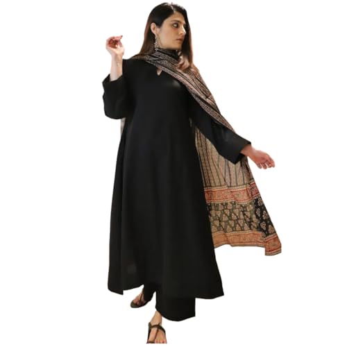 GoSriKi Womens Rayon Viscose Anarkali Solid Kurta with Pant & Dupatta (Avantika Black-GS_XXL_Black_XX-Large)