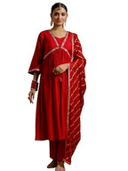 Libas Gerua Womens Solid Silk Blend A-Line Kurta With Trousers And Dupatta