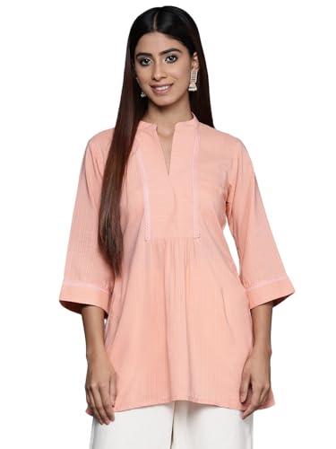 Libas Womens Woven Design Cotton Blend Straight Kurti For Women Peach