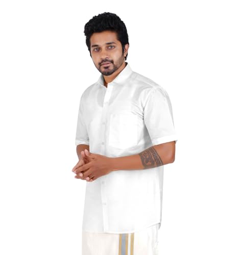 PRAKSAM Cotton ARTSILK Mens Half Sleeve White Shirt