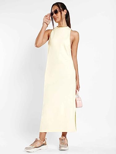 Nobero Women'S Cotton Blend T-Shirt Maxi Dress (1W-Twtd-R0020_Arctic Wolf, White,Small