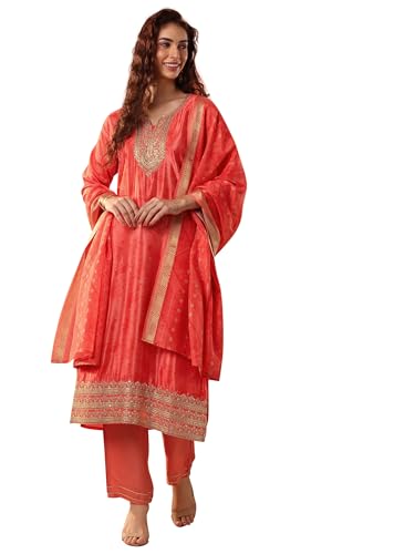 Libas Orange Embellishments Chinon Straight-Fit Kurta Set For Women (51399Xxl)