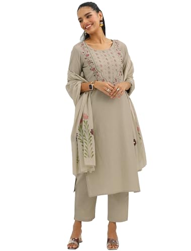 Libas Beige Yoke Design Cotton Straight Kurta Set For Women (99435Rxxl)