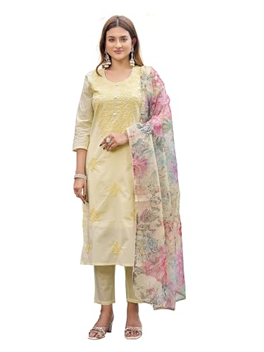 Womanista Womens Pure Cotton Solid Straight Kurta Set with Dupatta (Kurtaset_1475_Yellow