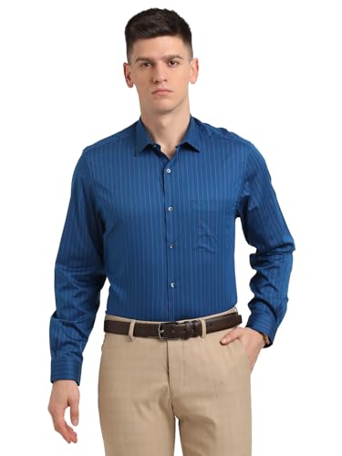 Turtle Men 100% Cotton Stripe Regular Fit Blue Formal Shirt