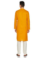 Manyavar Mustard Blended Viscose Solid Casual Kurta Set For Men