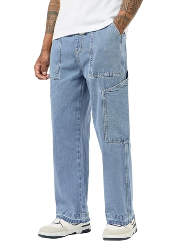 Bewakoof MenS Washed Straight Fit Pure Cotton Cargo Jeans_684691_Blue_36