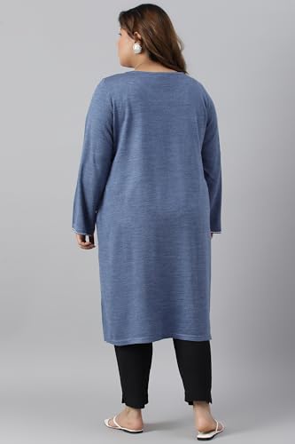 W For Woman Plus Size Blue Embroidered Asymmetrical Winter Kurta