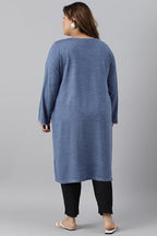 W For Woman Plus Size Blue Embroidered Asymmetrical Winter Kurta