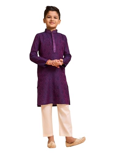 Manyavar Boys Viscose Blend Neck Embroidered Kurta Pyjama Set (Purple,12-14Y)
