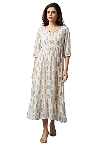 Aurelia Printed Polyester Round Neck Womens Flared Dress (White, Large)