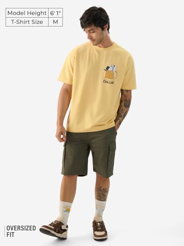 The Souled Store Chillin Men And Boys Short Sleeve Round Neck Yellow Graphic Printed Cotton Oversized T-Shirts