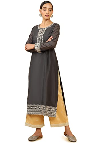 Soch Women Grey Chanderi Embroidered Kurta