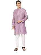 See Designs MenS Long Sleeve Side Slit Lavender Embroidered Thread Work Chanderi Silk Straight Mandarin Collar Kurta - Sdkt2877