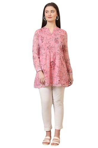 Aurelia Women'S Pink Floral Printed Pintuck Yoke Organza Straight Short Kurti (Size: Xs)-A30507-508776